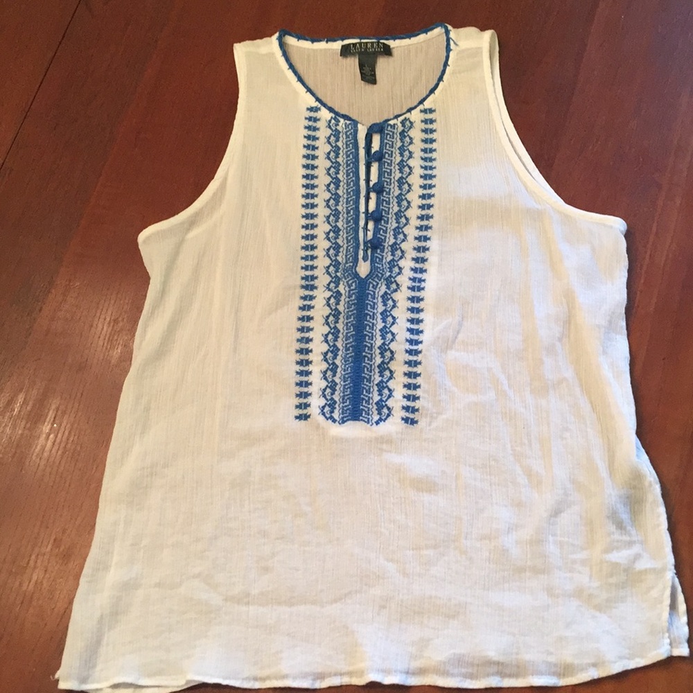 Pretty White Boho Tank with Blue Embroidery